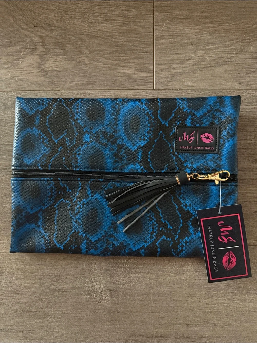 Blue Snake Print Cosmetic Clutch with Tassel